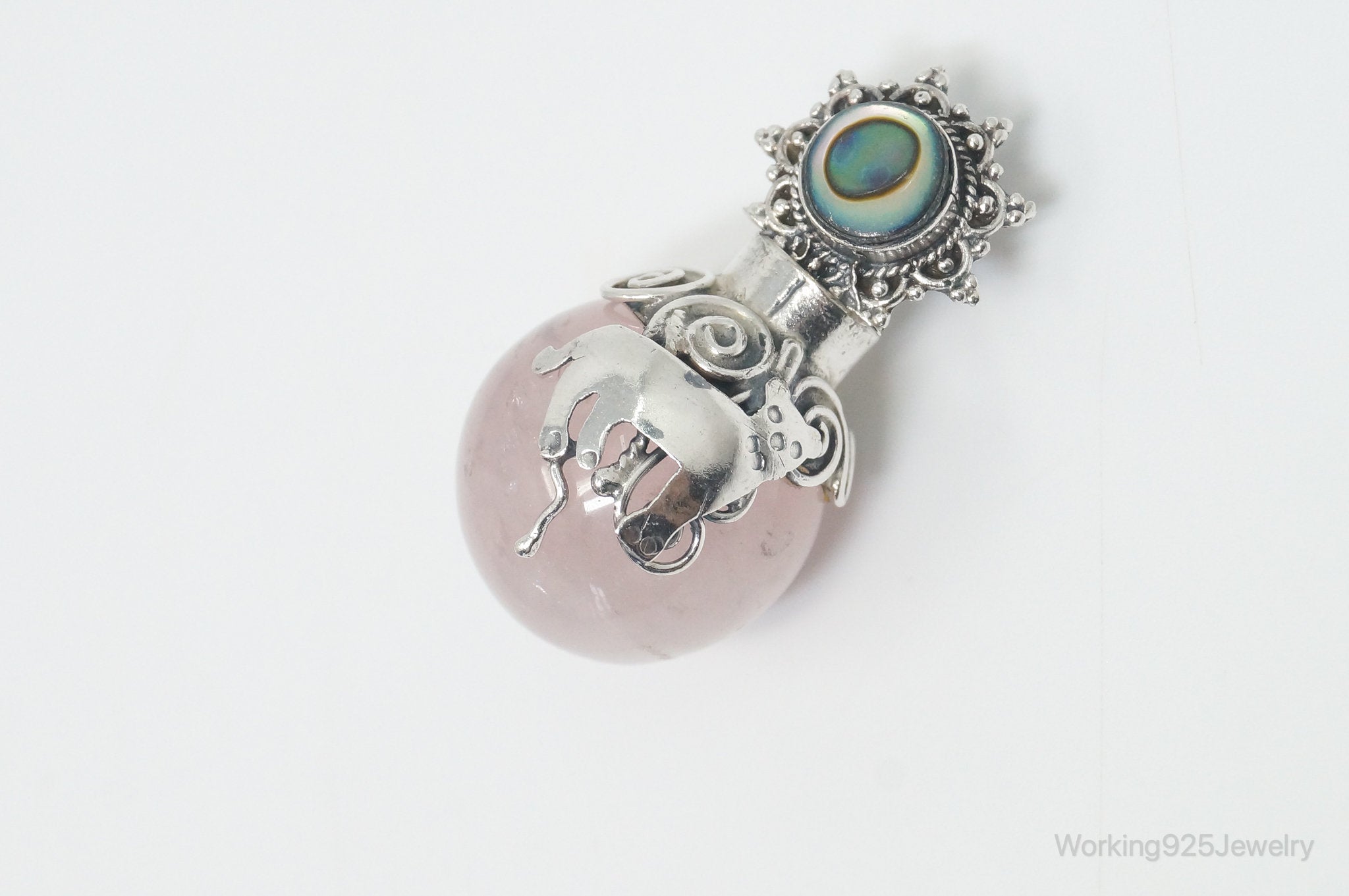 Vintage Rose Quartz Abalone Shell Bali Cat Sterling Silver Necklace Pendant | Jewelry > Necklaces > Pendants | Wiccan Center