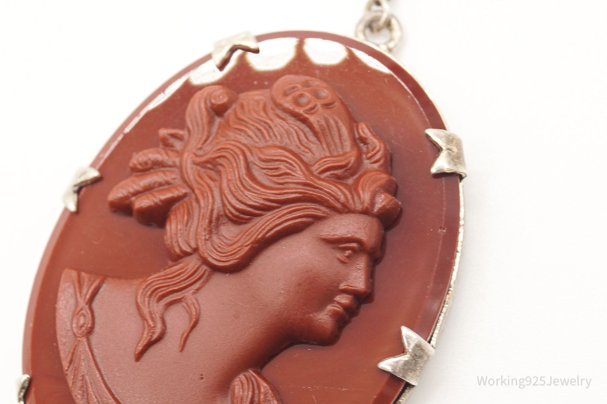 Antique Large Carved Stone Lady Cameo Sterling Silver Necklace | Jewelry > Necklaces > Pendants | Wiccan Center