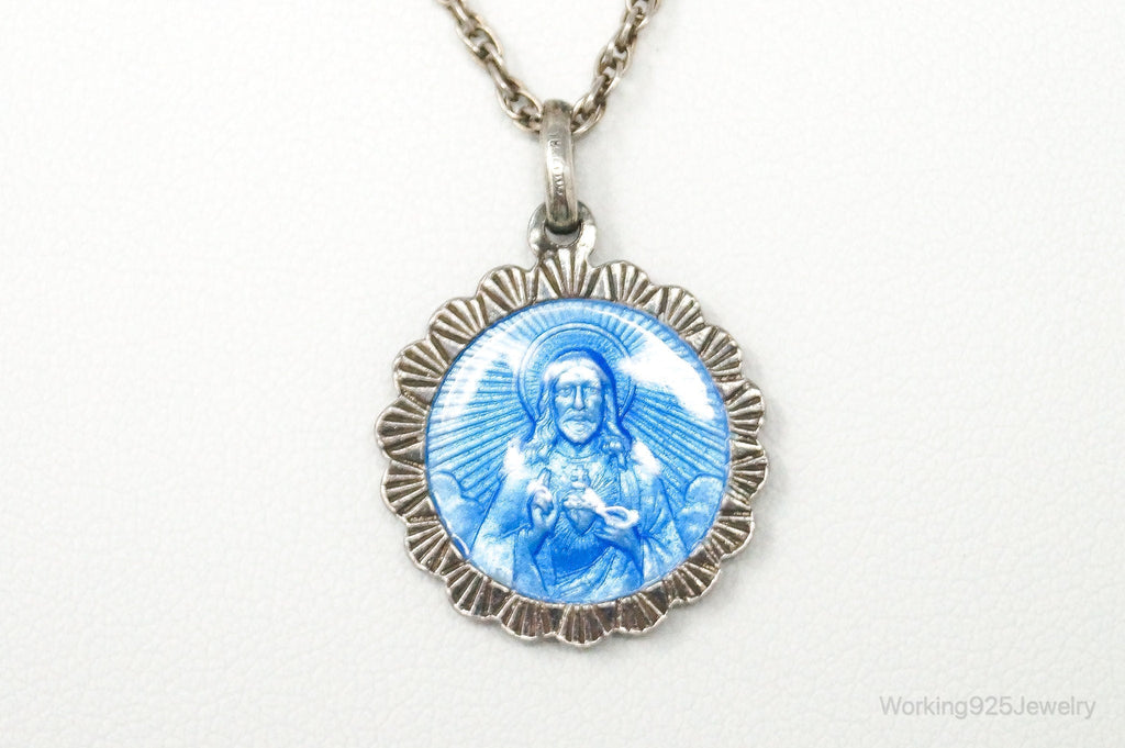 Vintage French Mother Mary Jesus Blue Enamel Sterling Silver Necklace | Jewelry > Necklaces > Pendants | Wiccan Center