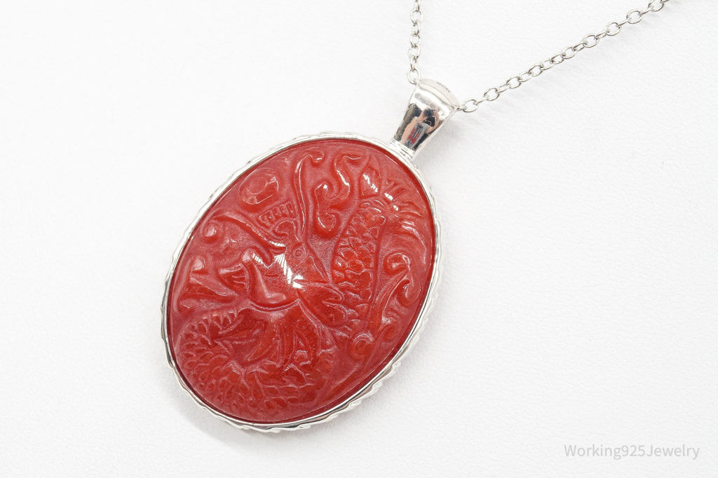 Large Vintage Carved Carnelian Dragon Sterling Silver Necklace | Jewelry > Necklaces > Pendants | Wiccan Center