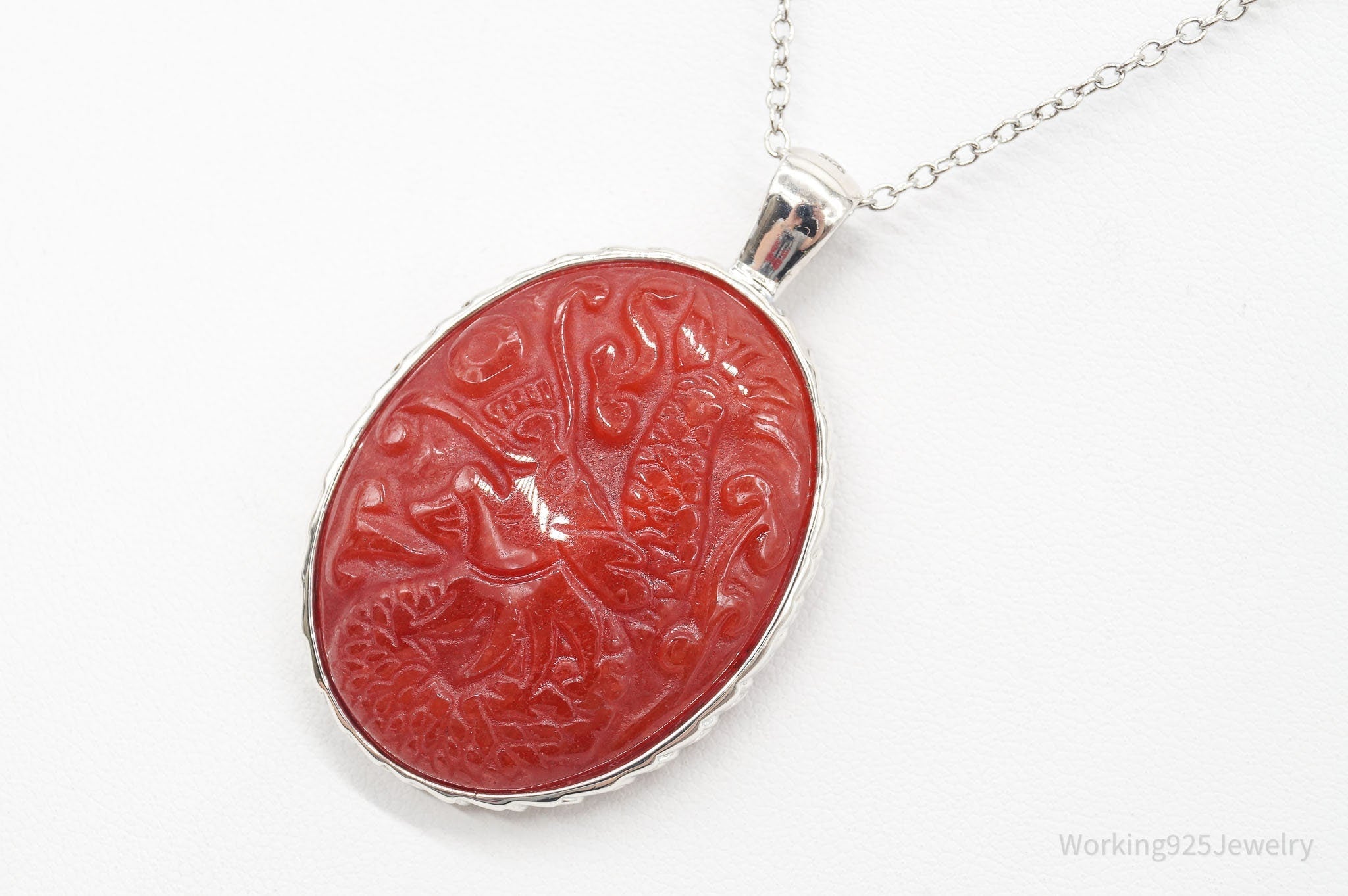 Large Vintage Carved Carnelian Dragon Sterling Silver Necklace | Jewelry > Necklaces > Pendants | Wiccan Center