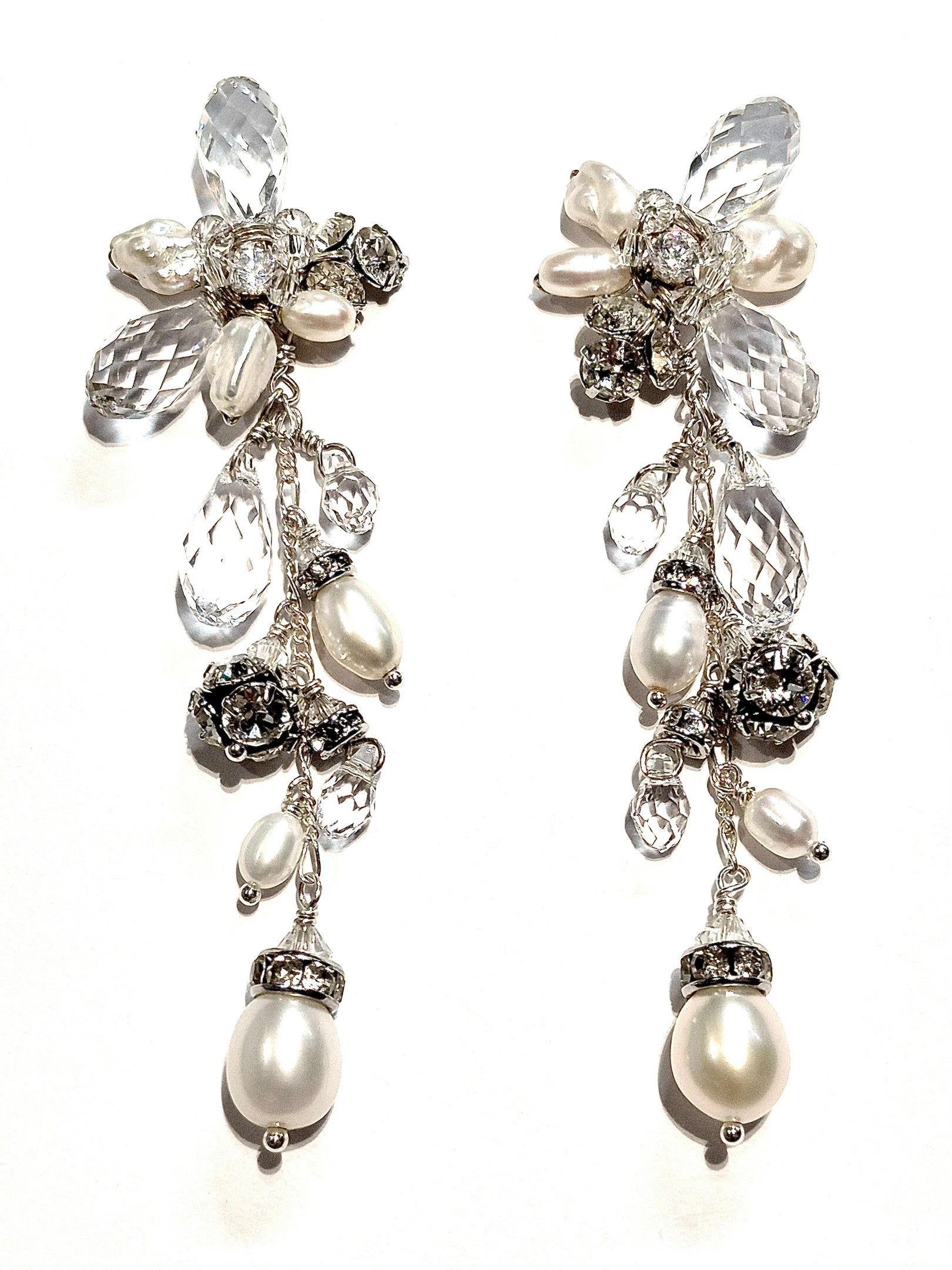 Long Flower earrings Pearl and crystal rhinestone