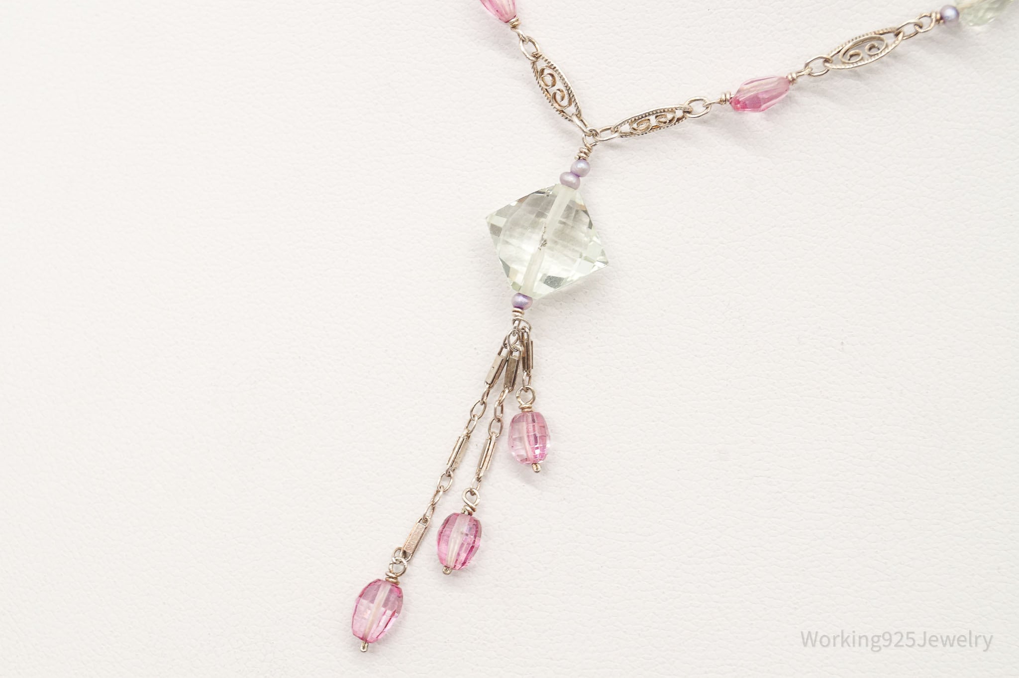 Vintage Prasiolite Pink Topaz Seed Pearls Sterling Silver Necklace | Jewelry > Necklaces > Pendants | Wiccan Center