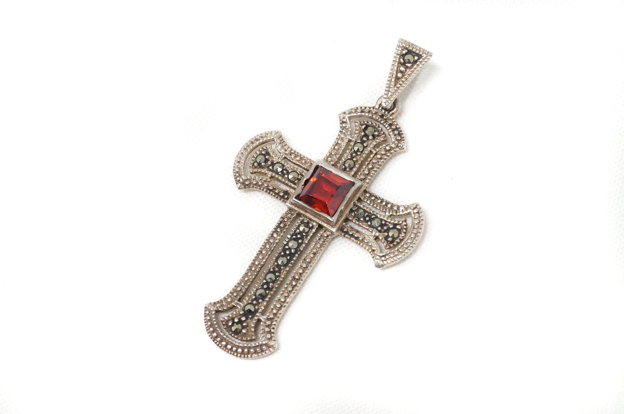 Vintage Garnet Marcasite Cross Sterling Silver Necklace Pendant | Jewelry > Necklaces > Pendants | Wiccan Center