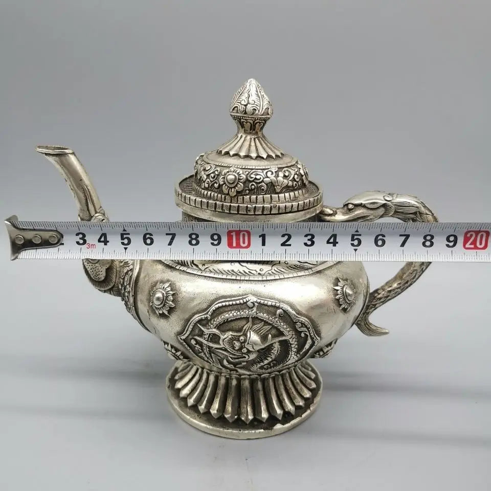 Exquisite Old Chinese Tibet Silver Hand carved Dragon Flagon / Teapot