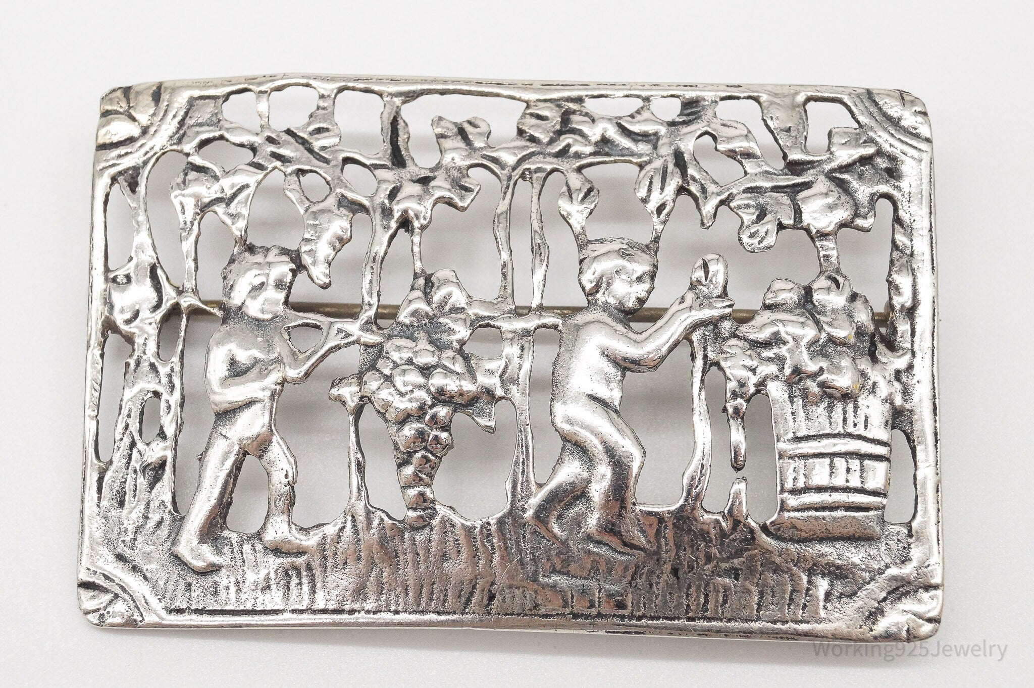 Large Rare Antique Wine Harvest / Making Wine Sterling Silver Brooch Pin | Jewelry > Brooches, Pins & Clips | Wiccan Center