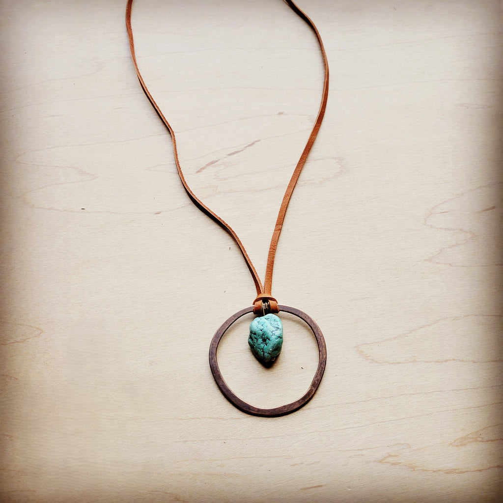Leather Cord Necklace Antique Gold Hoop & Natural Turquoise 254v | Necklace | Wiccan Center