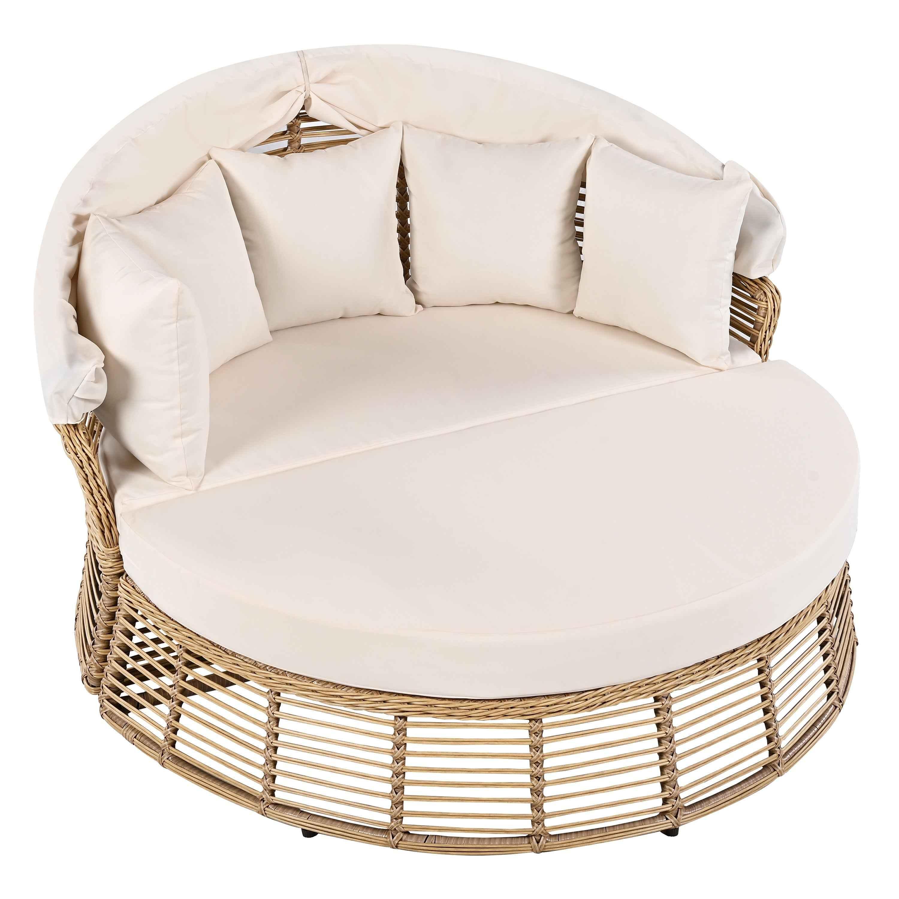 Outdoor Patio Rattan Round Daybed with Retractable Canopy, Wicker | Furniture | Wiccan Center