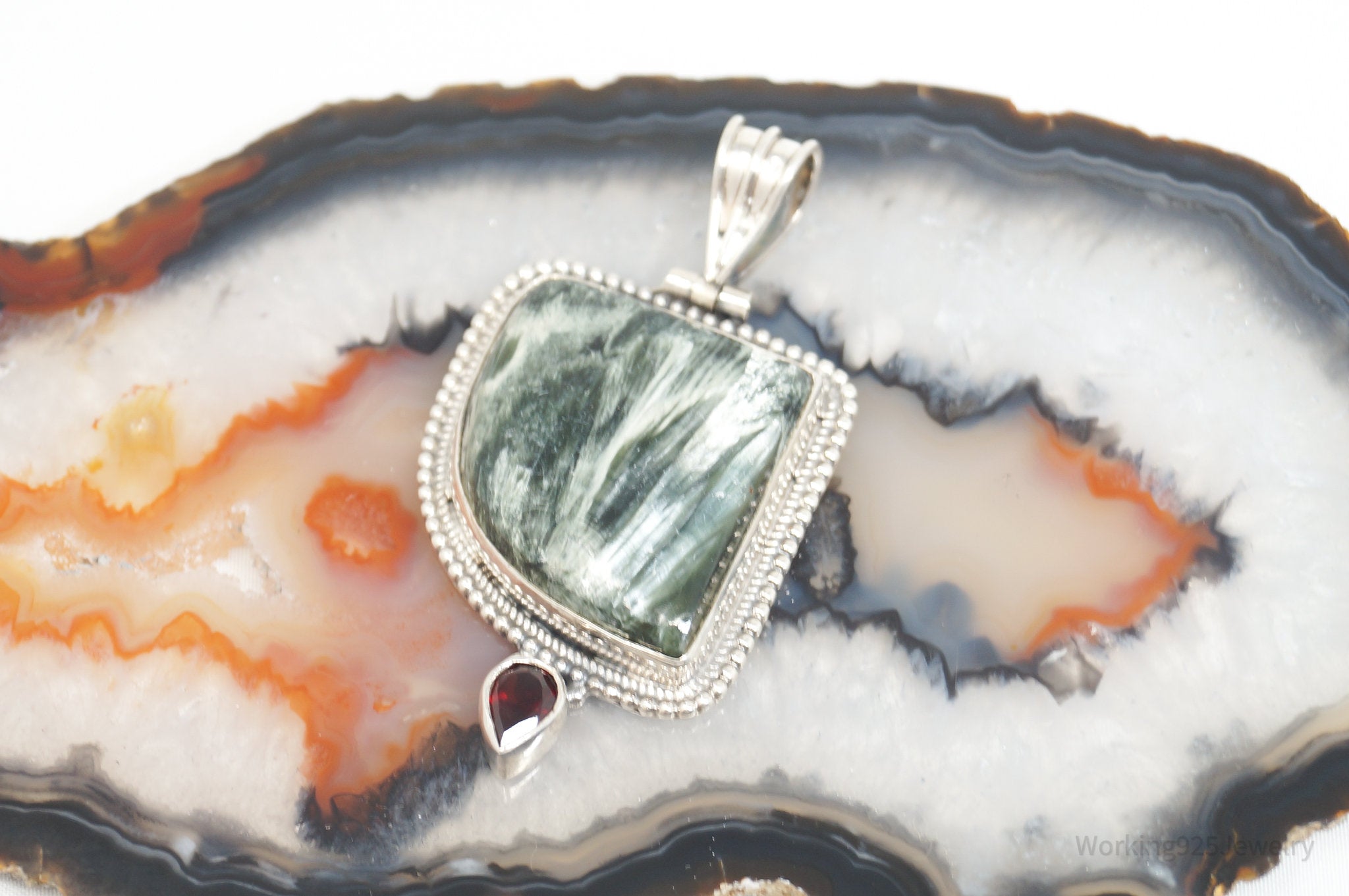 Vintage Large Green Seraphinite Garnet Sterling Silver Necklace Pendant | Jewelry > Necklaces > Pendants | Wiccan Center