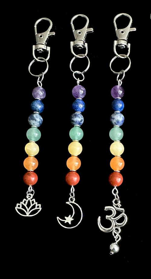 7 Chakra Crystal Gemstone Bag Charm Keychain - Choose Silver Lotus, Moon, Om Charm | | Wiccan Center