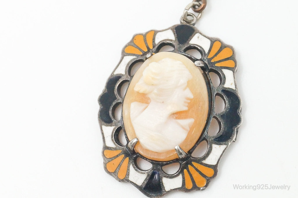 Antique Carved Woman Cameo Shell Enamel Sterling Silver Pendant | Jewelry > Necklaces > Pendants | Wiccan Center
