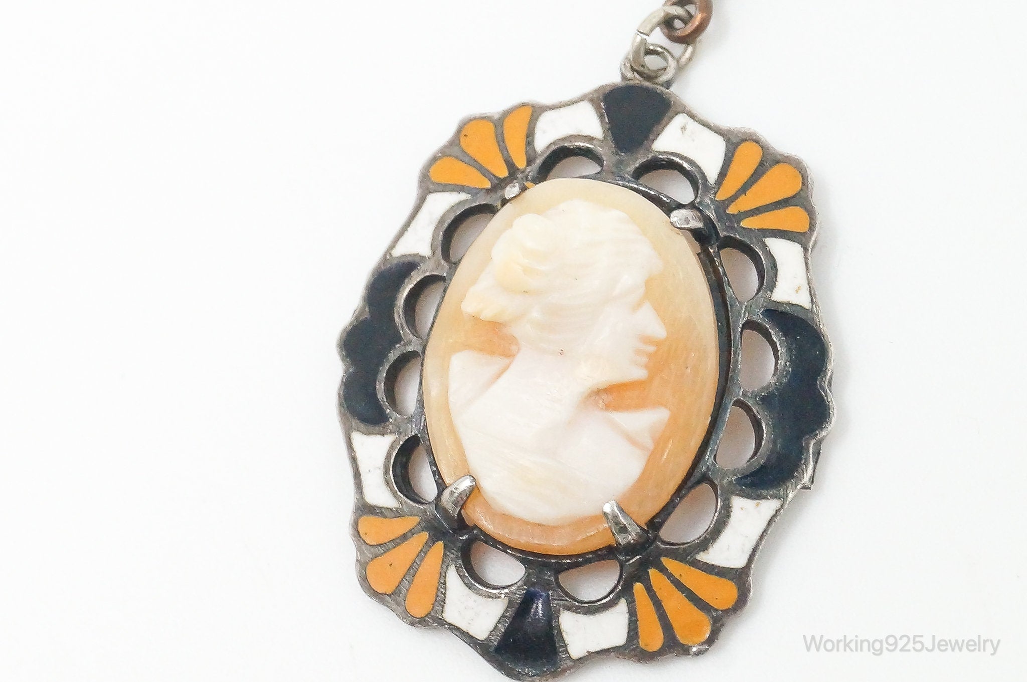 Antique Carved Woman Cameo Shell Enamel Sterling Silver Pendant | Jewelry > Necklaces > Pendants | Wiccan Center