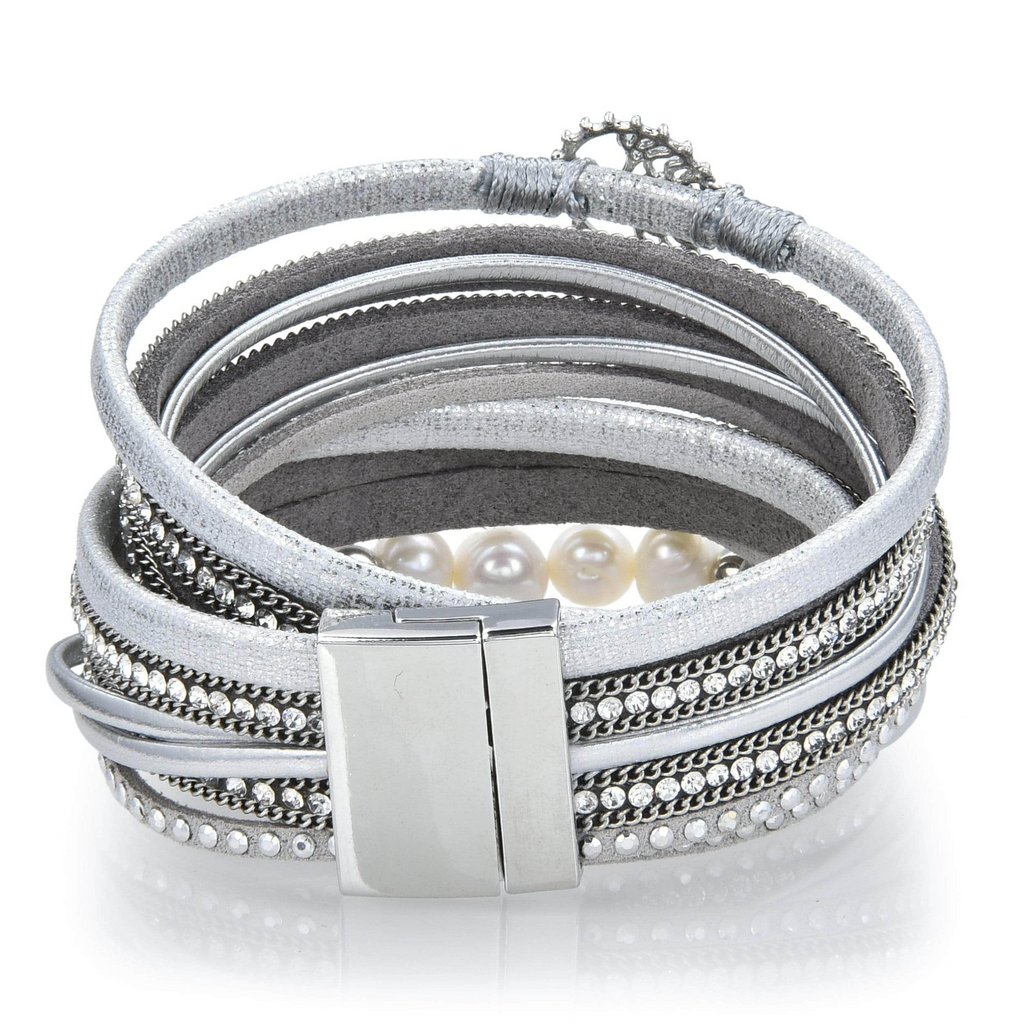 Tree Of Life Design Silver Leather & Pearls Double Wrap Bracelet with Magnetic Clasp - Sacred Geometry | Gemstone Jewelry > Bracelets | Wiccan Center
