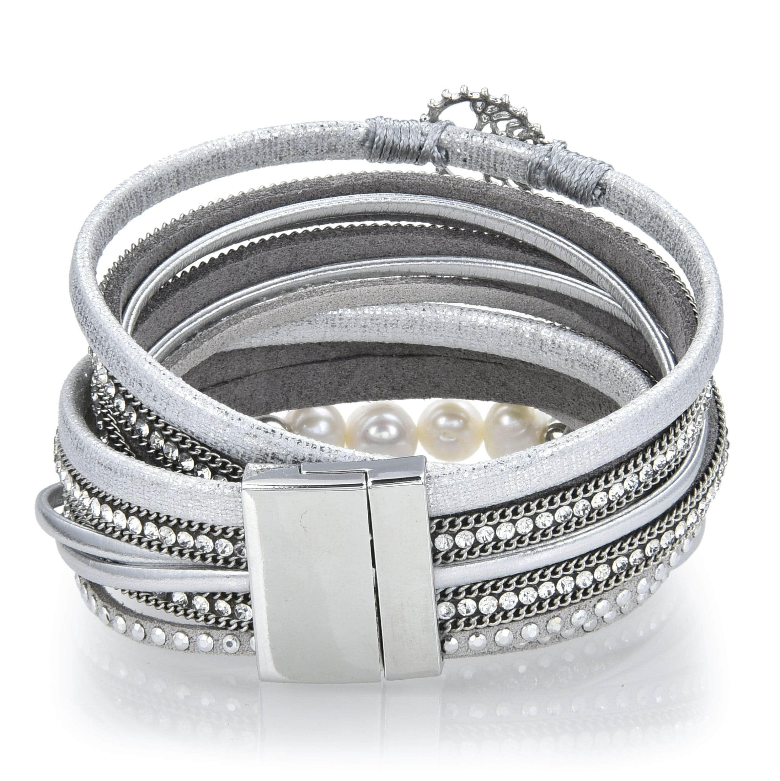 Tree Of Life Design Silver Leather & Pearls Double Wrap Bracelet with Magnetic Clasp - Sacred Geometry | Gemstone Jewelry > Bracelets | Wiccan Center