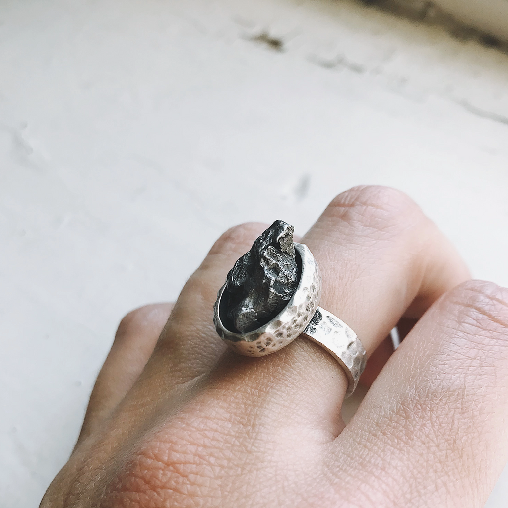 Oval Raw Meteorite Ring in Silver | Ring | Wiccan Center