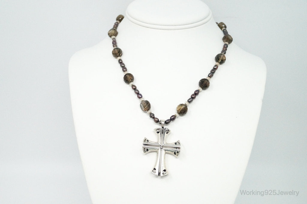 Designer Large Cross Smoky Topaz Pearl Sterling Silver Necklace | Jewelry > Necklaces > Pendants | Wiccan Center
