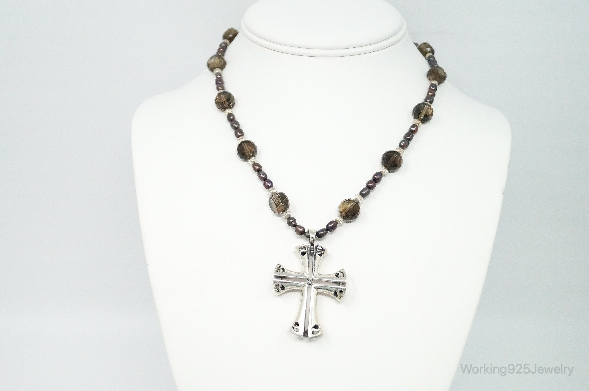 Designer Large Cross Smoky Topaz Pearl Sterling Silver Necklace | Jewelry > Necklaces > Pendants | Wiccan Center