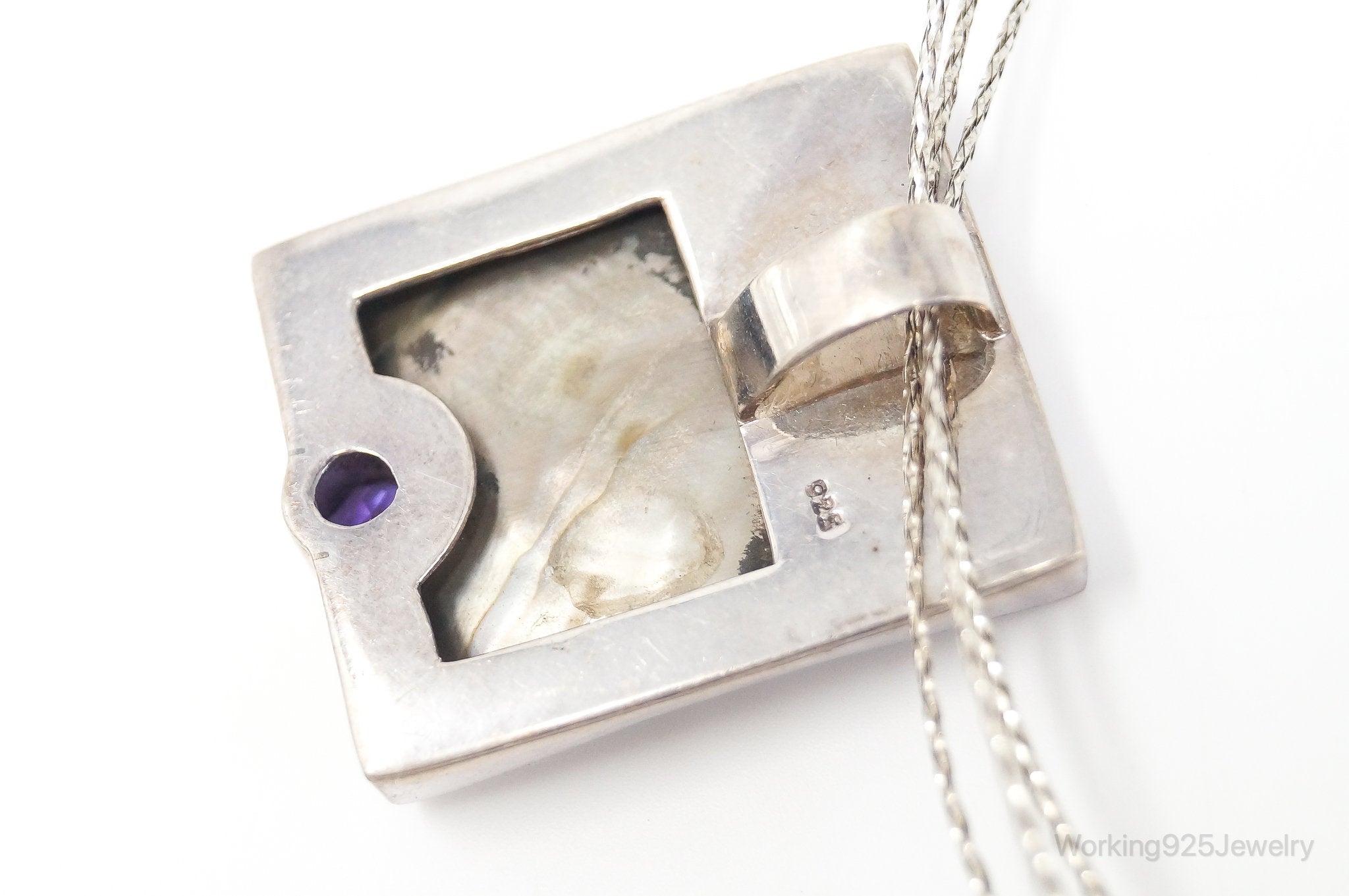 Vintage Large Mother Of Pearl Amethyst Modernist Sterling Silver Necklace | Jewelry > Necklaces > Pendants | Wiccan Center