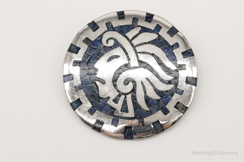 Vintage Mexico Handmade Sodalite Inlay Aztec Sterling Silver Pendant Pin | Jewelry > Necklaces > Pendants | Wiccan Center