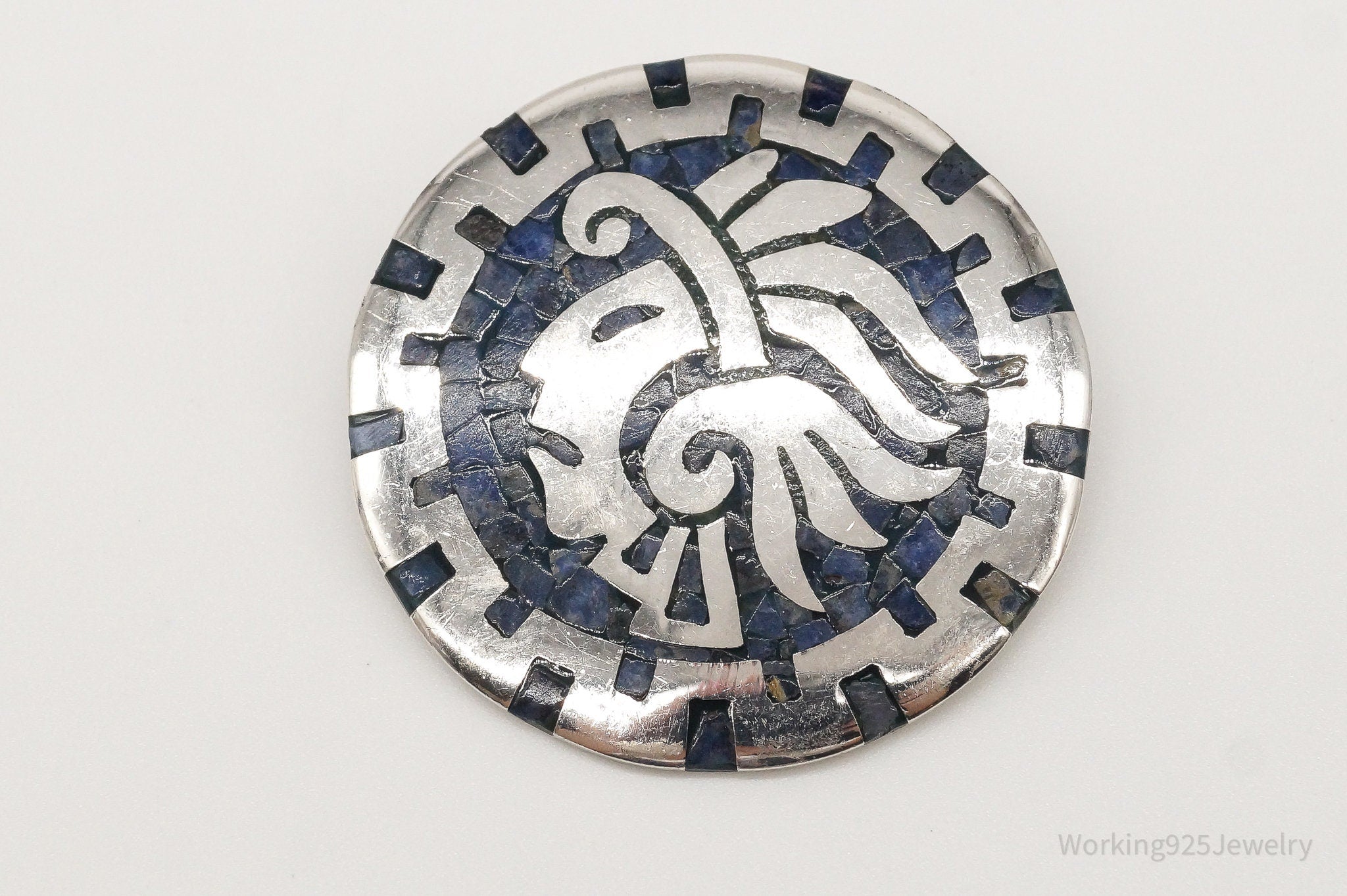 Vintage Mexico Handmade Sodalite Inlay Aztec Sterling Silver Pendant Pin | Jewelry > Necklaces > Pendants | Wiccan Center