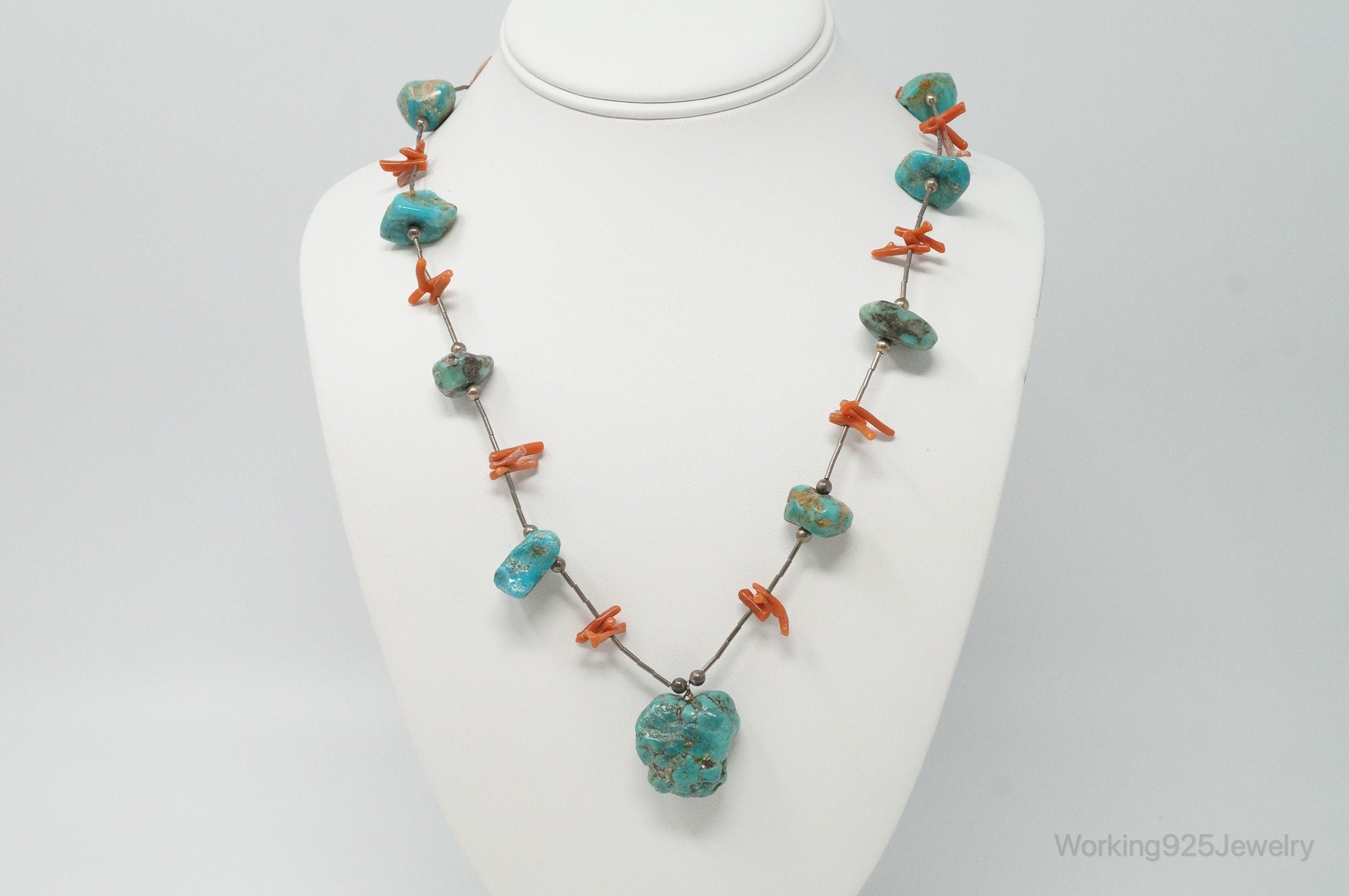 Vintage Native American Unsigned Turquoise Coral Sterling Silver Necklace | Jewelry > Necklaces > Pendants | Wiccan Center