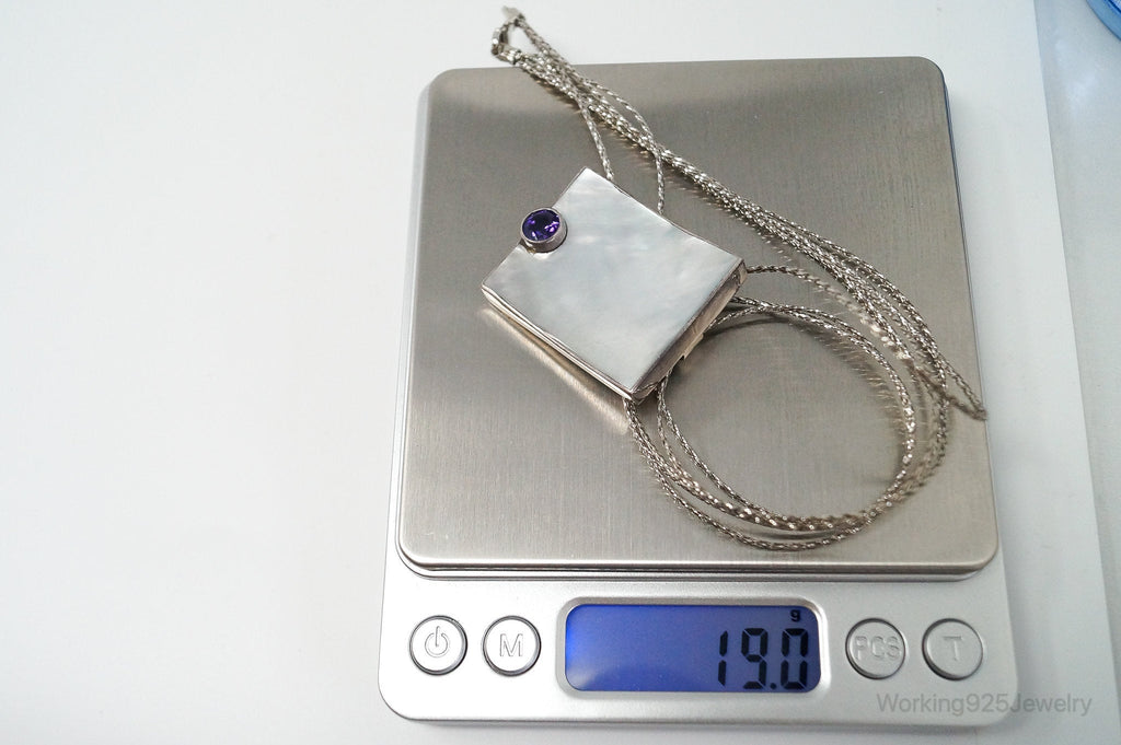 Vintage Large Mother Of Pearl Amethyst Modernist Sterling Silver Necklace | Jewelry > Necklaces > Pendants | Wiccan Center