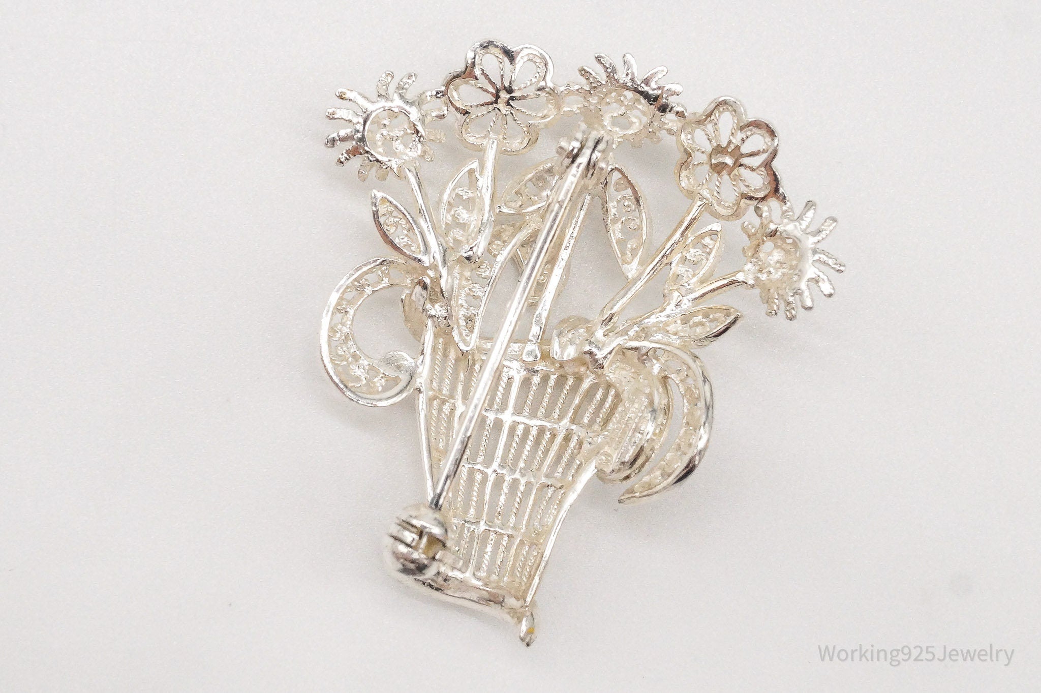 Vintage Mid Century German Sterling Silver Flower Basket Brooch Pin | Jewelry > Brooches, Pins & Clips | Wiccan Center