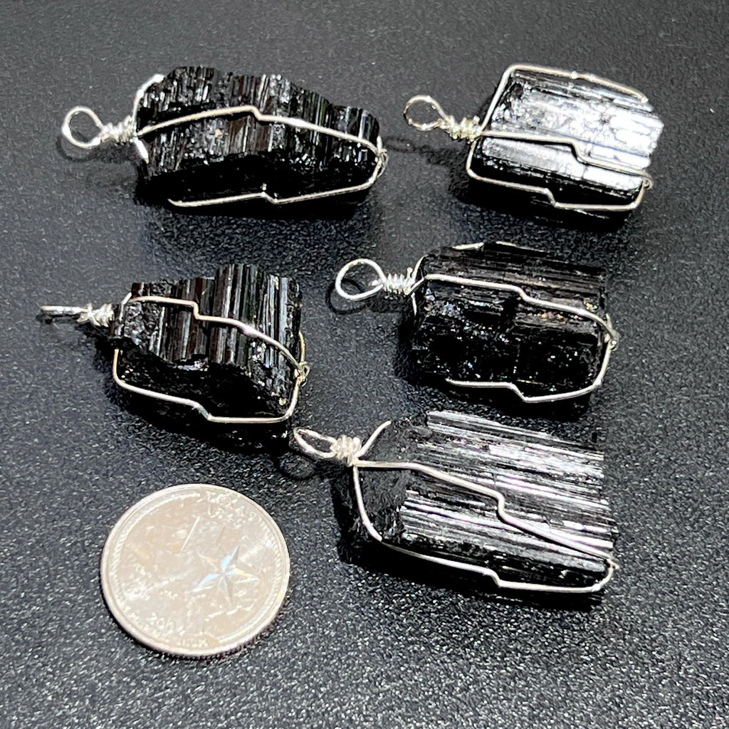 Raw Black Tourmaline Crystal Pendant (Silver Plated Wire Wrapped) Rough Gemstone Jewelry Necklace Supply | Craft Supplies & Tools > Beads, Gems & Cabochons > Charms & Pendants > Pendants | Wiccan Center