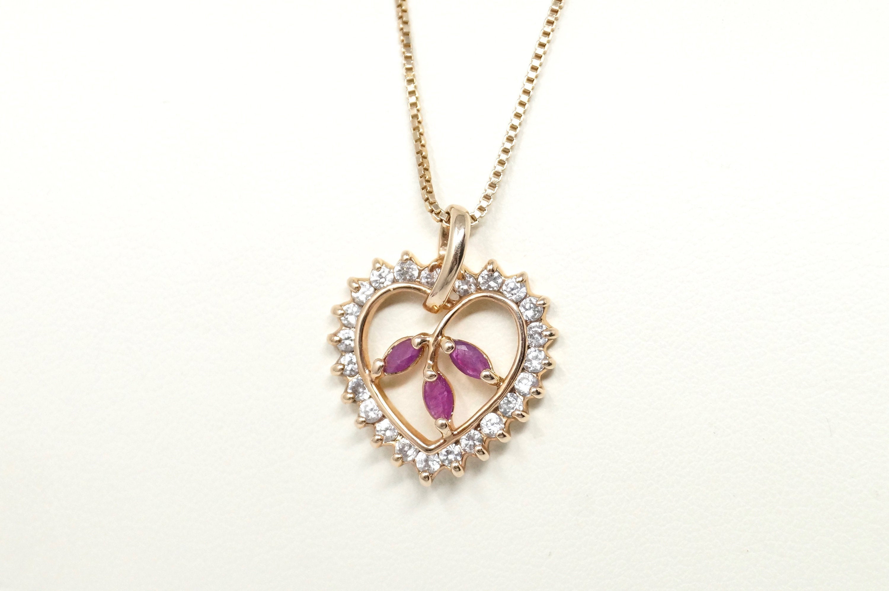 Vtg Ruby Simulated Heart Accented Rose Gold Vermeil Sterling Silver Necklace 18" | Jewelry > Necklaces > Pendants | Wiccan Center