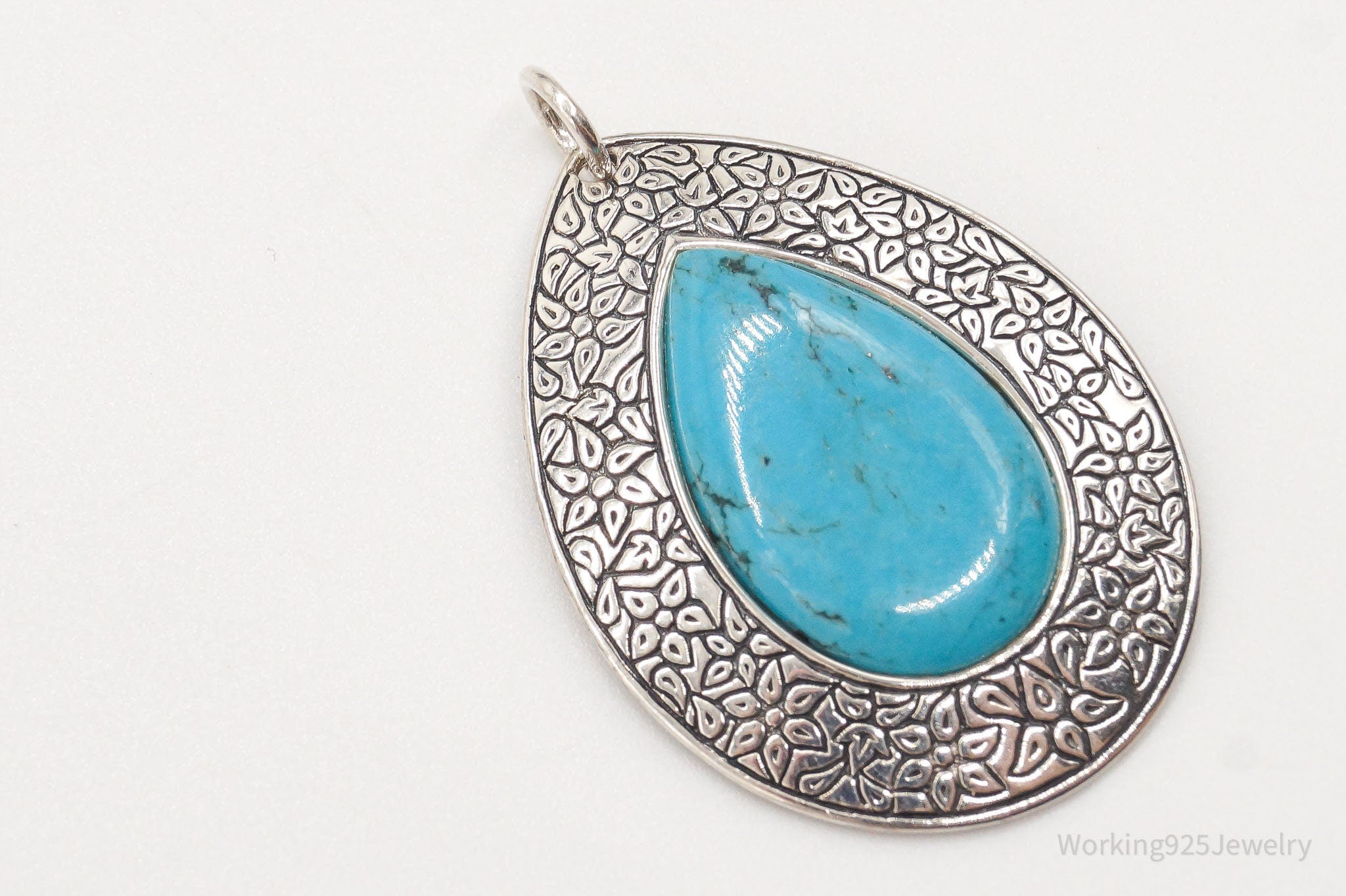 Vintage Large Turquoise Floral Etched Sterling Silver Necklace Pendant | Jewelry > Necklaces > Pendants | Wiccan Center
