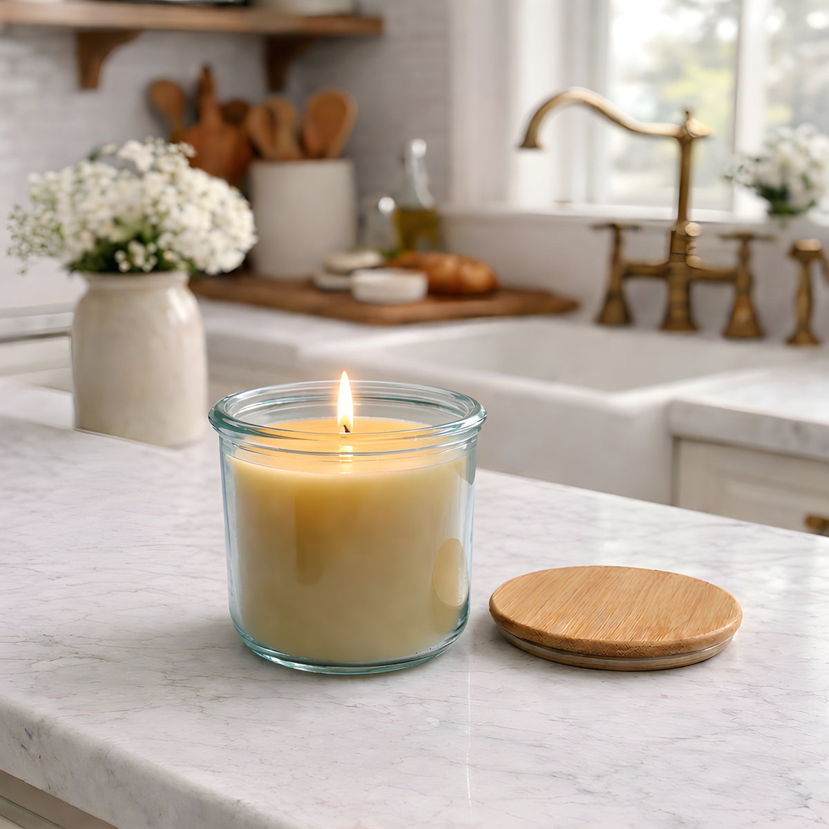 Beeswax Candle Poured in USA in 10 oz Clear Recycled Spanish Glass Jar with Bamboo Lid | Container Candles | Wiccan Center