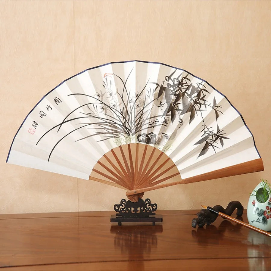 1Pcs Chinese Style Retro Folding Silk Fan Decorative Men Pocket Bamboo Handle Hand Held Fan Party Favors Home Decoration Crafts