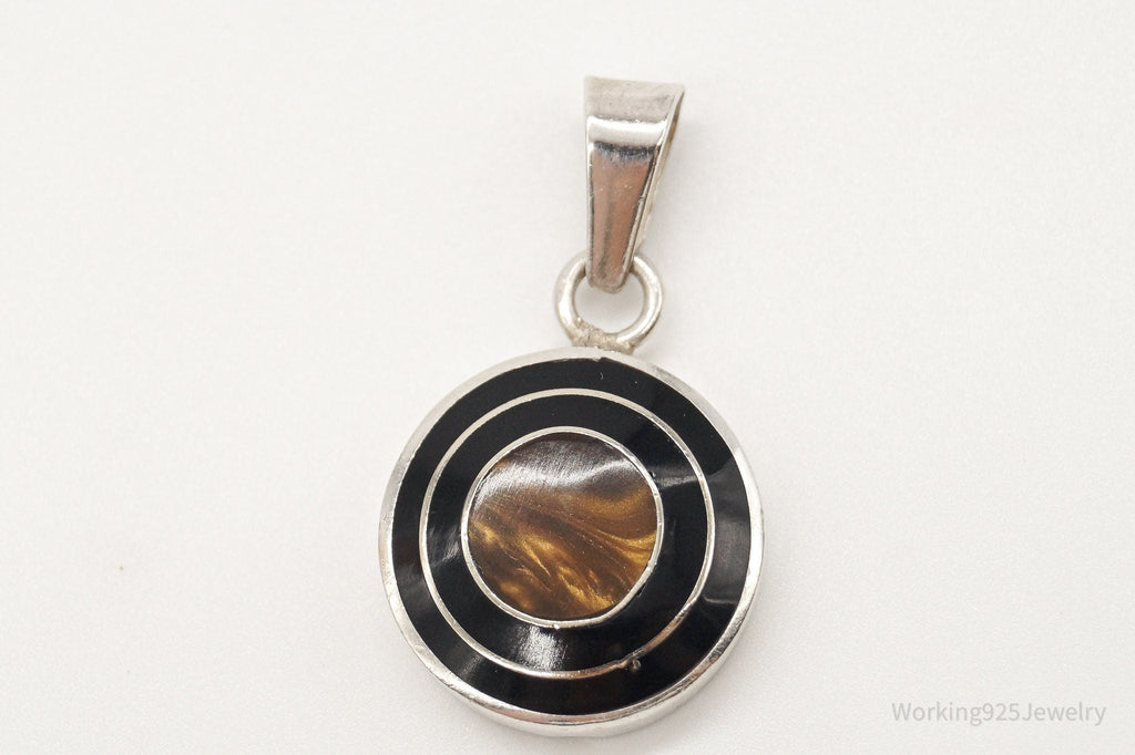 Vintage Mexico Faux Tigers Eye Black Enamel Sterling Silver Pendant | Jewelry > Necklaces > Pendants | Wiccan Center