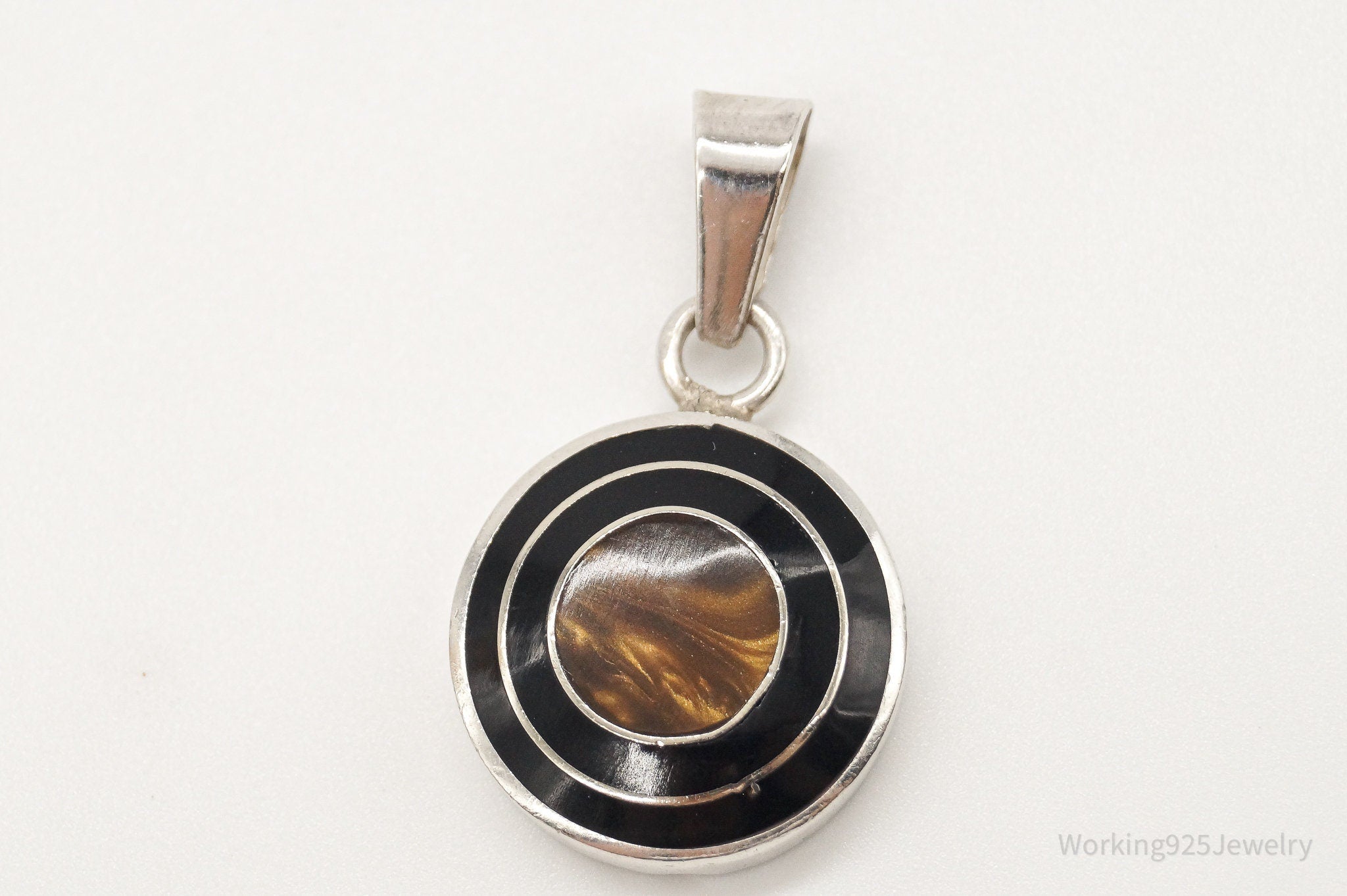 Vintage Mexico Faux Tigers Eye Black Enamel Sterling Silver Pendant | Jewelry > Necklaces > Pendants | Wiccan Center