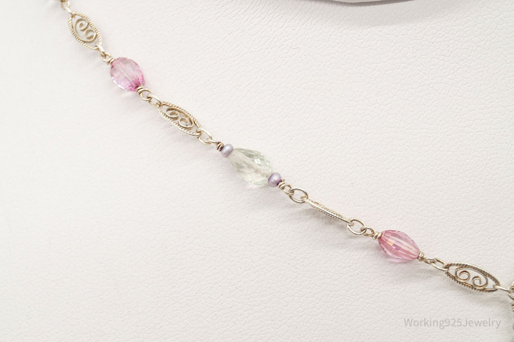 Vintage Prasiolite Pink Topaz Seed Pearls Sterling Silver Necklace | Jewelry > Necklaces > Pendants | Wiccan Center