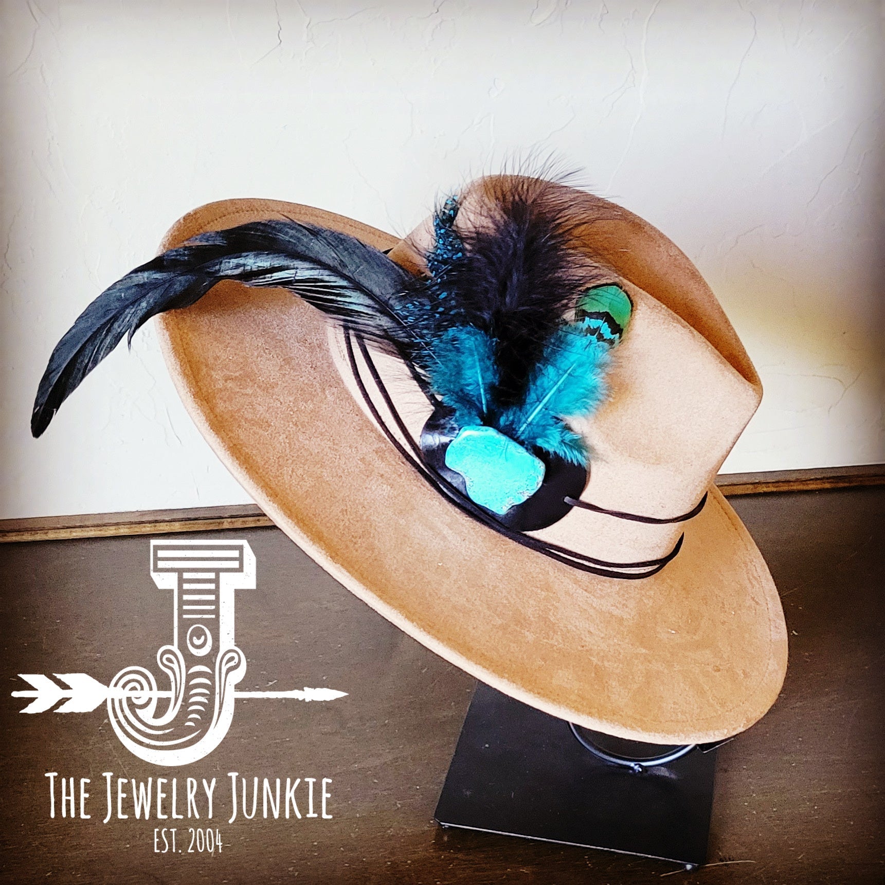 Marabou Blue Spotted Feather & Turquoise Slab Hat Band + Choice of Hat 986a | Hat | Wiccan Center