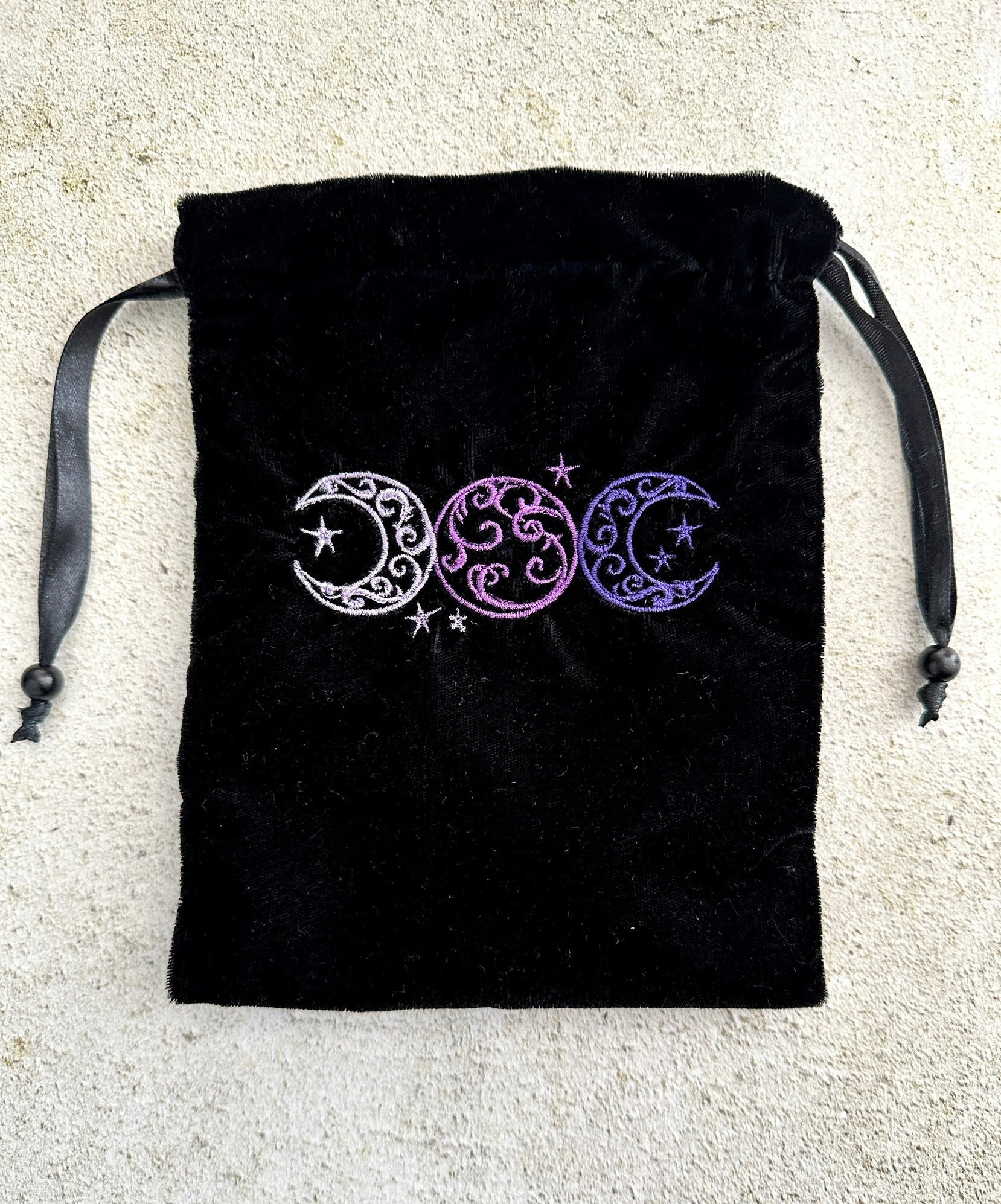 Triple Moon Black Velvet Embroidered Tarot Card Bag With Satin Lining