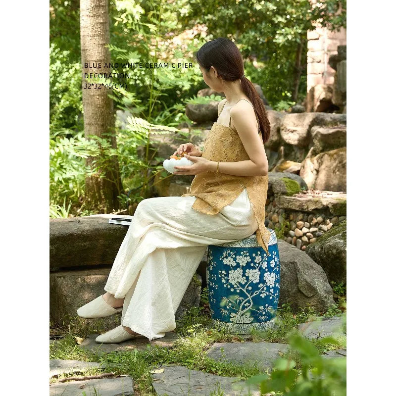 New Chinese Hand-Painted Blue & White Porcelain Drum Stool | Plum Blossom Side Table | Stools | Wiccan Center