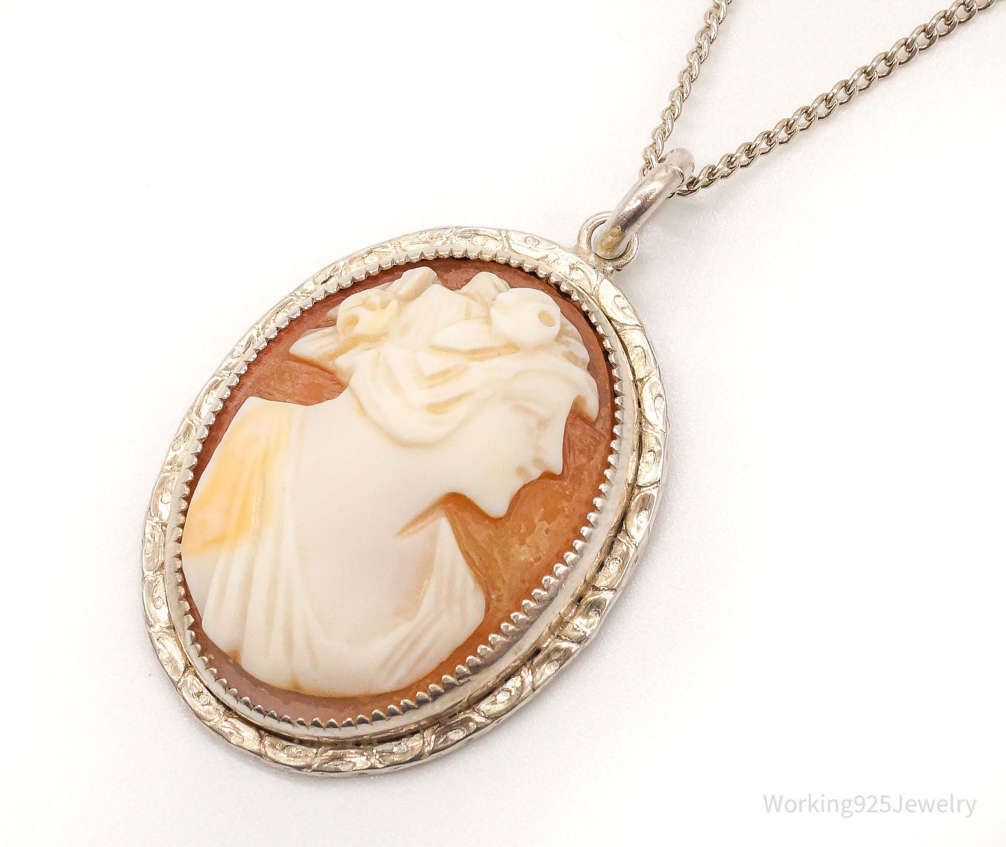 Antique Large Carved Shell Woman Cameo Sterling Silver Necklace | Jewelry > Necklaces > Pendants | Wiccan Center