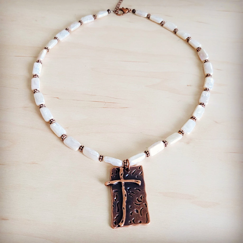 Rectangle Freshwater Pearl & Copper Necklace w/ Antique Cross Pendant 264a | Necklace | Wiccan Center