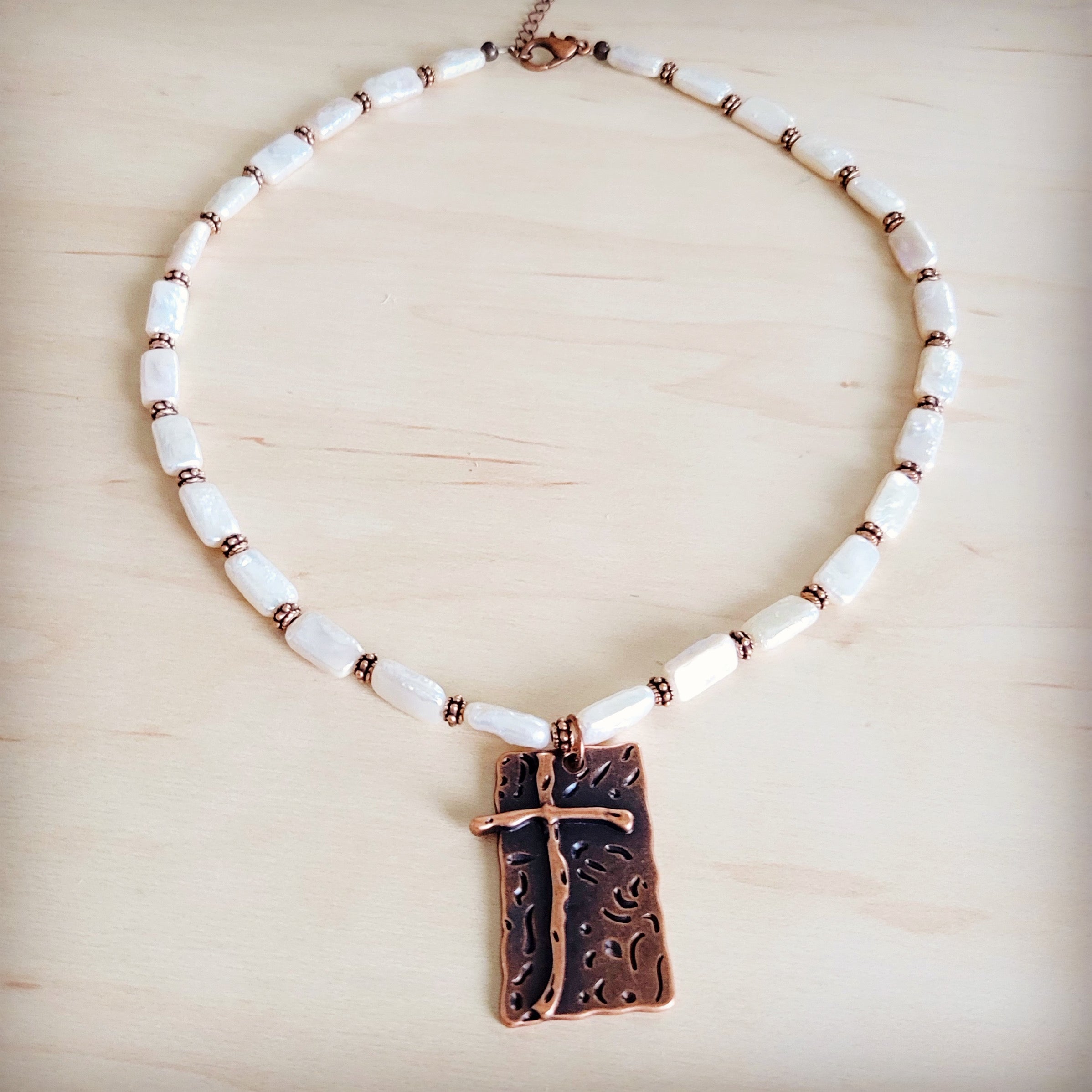 Rectangle Freshwater Pearl & Copper Necklace w/ Antique Cross Pendant 264a | Necklace | Wiccan Center