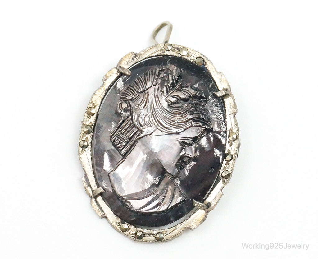 Antique Carved Abalone Shell Marcasite Woman Cameo 800 Silver Pendant Pin | Jewelry > Necklaces > Pendants | Wiccan Center
