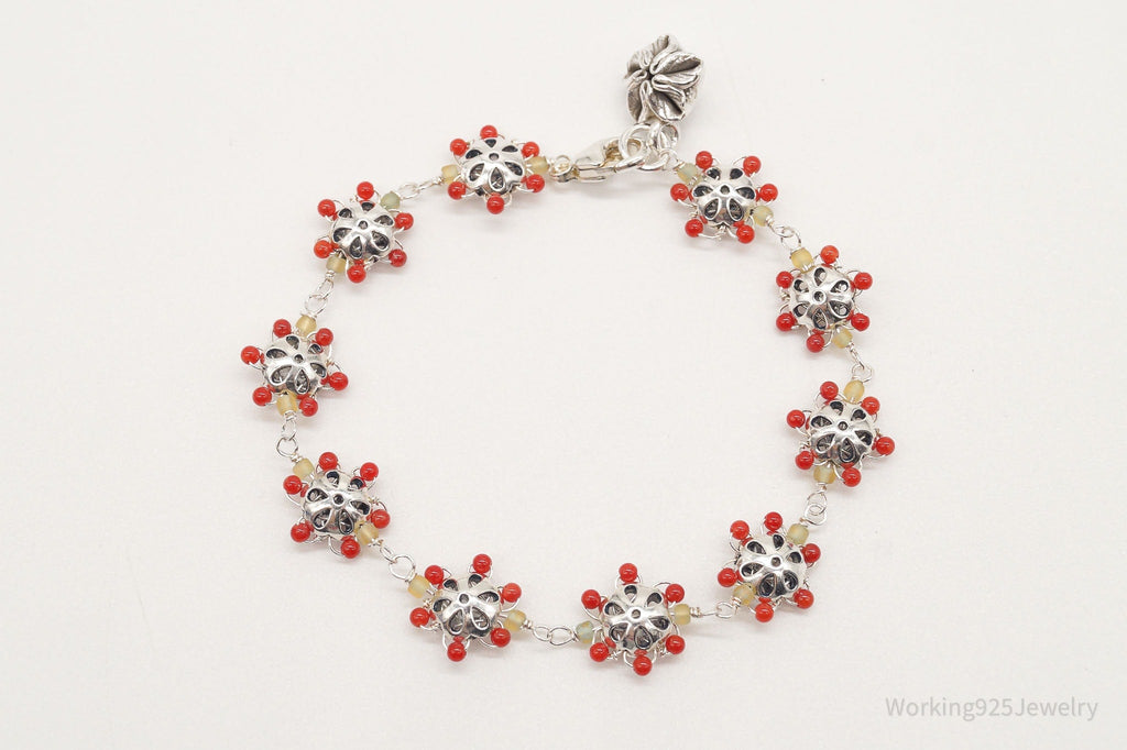 Vintage Intricate Glass Beads Flowers Sterling Silver Bracelet | Jewelry > Bracelets | Wiccan Center