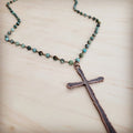 Genuine African Turquoise Long Beaded Necklace with Antique Copper Cross 262y | Necklace | Wiccan Center