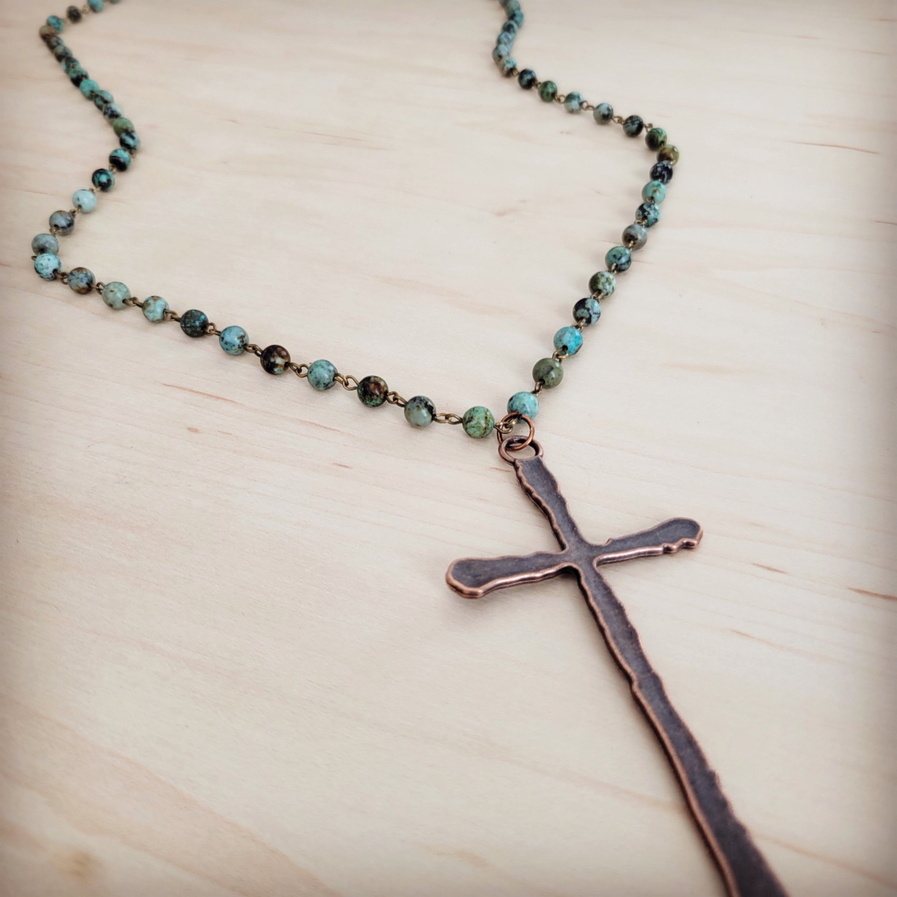Genuine African Turquoise Long Beaded Necklace with Antique Copper Cross 262y | Necklace | Wiccan Center