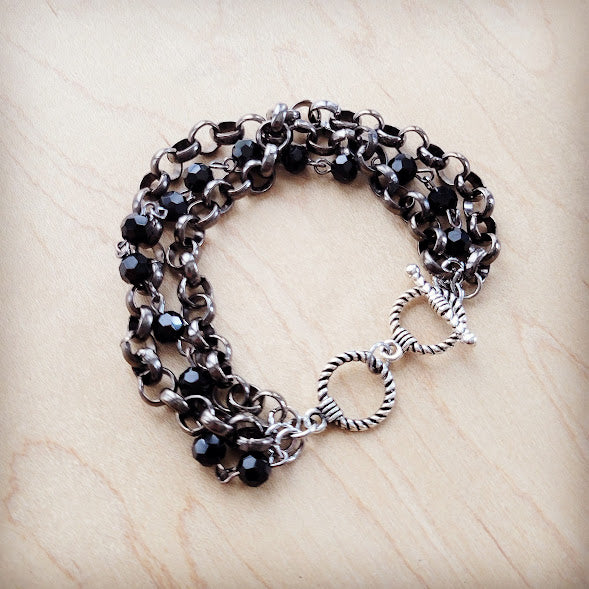 **Black Faceted Triple Strand Beaded Bracelet 807m