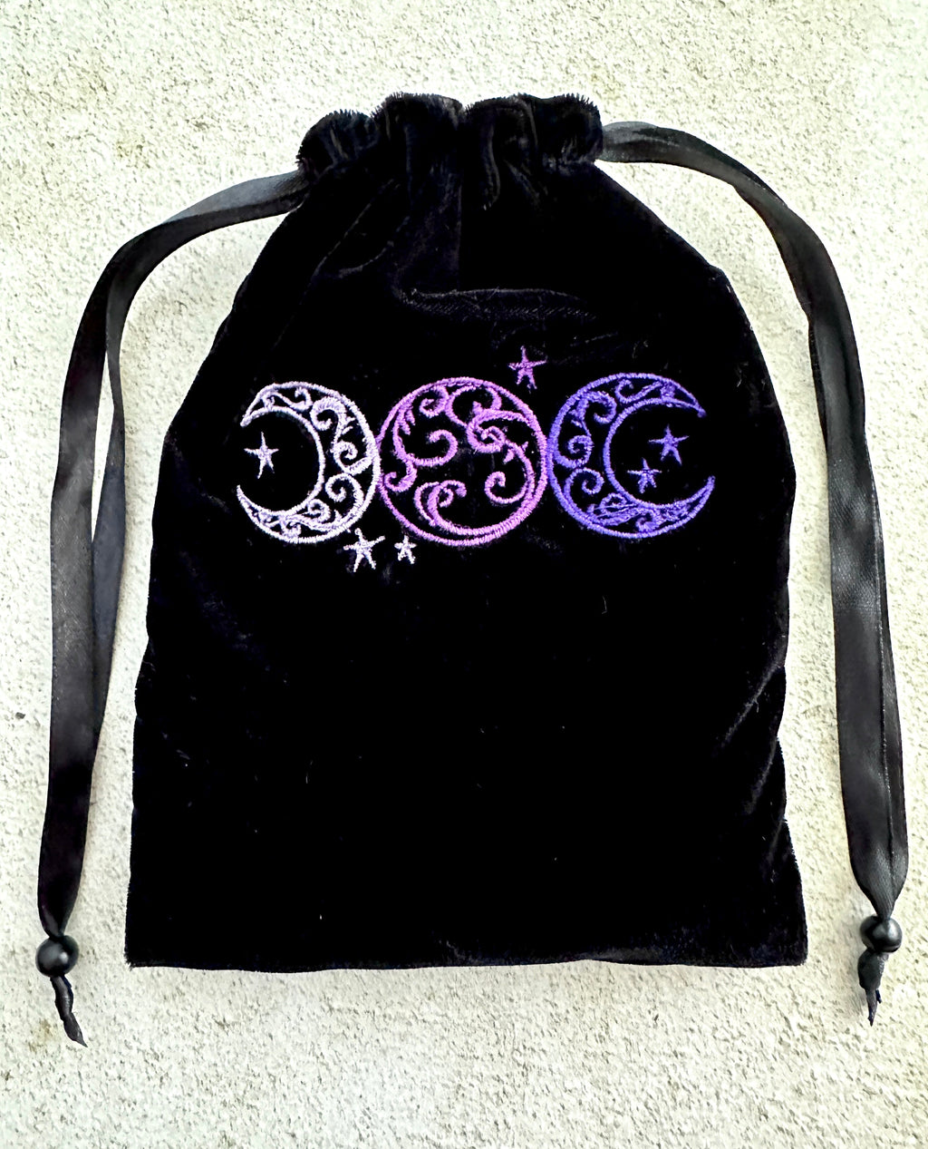 Triple Moon Black Velvet Embroidered Tarot Card Bag With Satin Lining