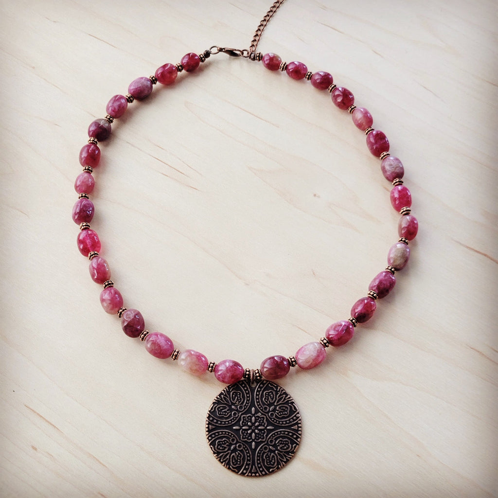 **Natural Pink Jade Beaded Collar Necklace w/ Scroll Pendant 261L | Necklace | Wiccan Center