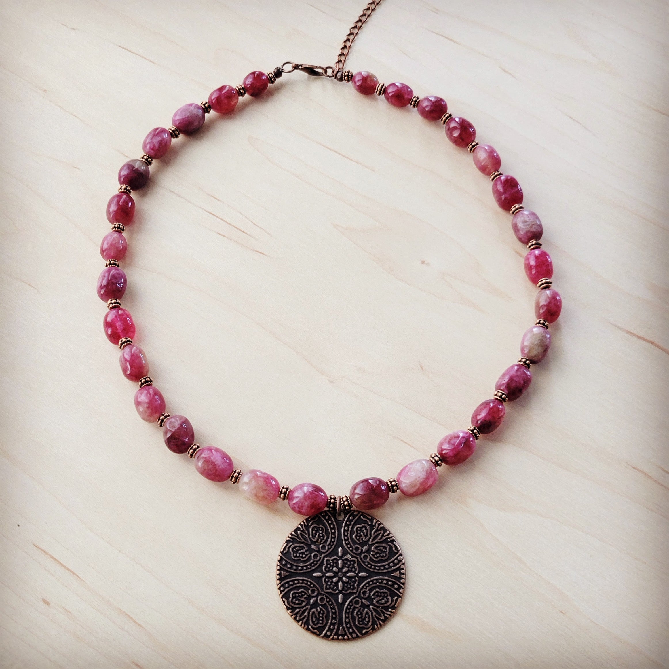 **Natural Pink Jade Beaded Collar Necklace w/ Scroll Pendant 261L | Necklace | Wiccan Center