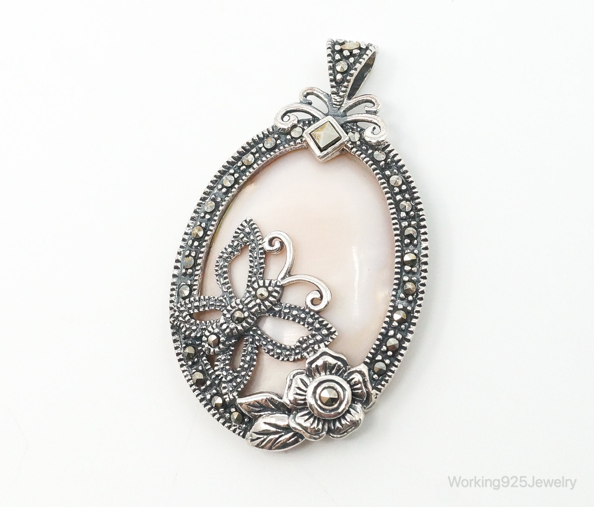 VTG Pink Mother of Pearl Marcasite Butterfly Flower Sterling Silver Pendant | Jewelry > Necklaces > Pendants | Wiccan Center